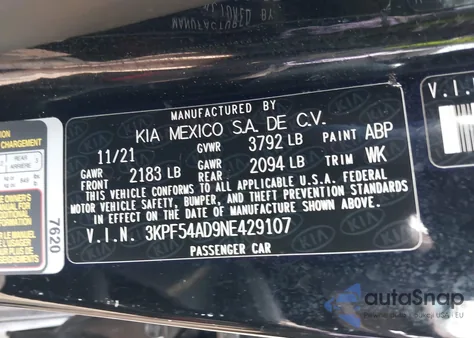 2022 Kia Forte Gt-Line from USA, damaged, VIN 3KPF54AD9NE429107